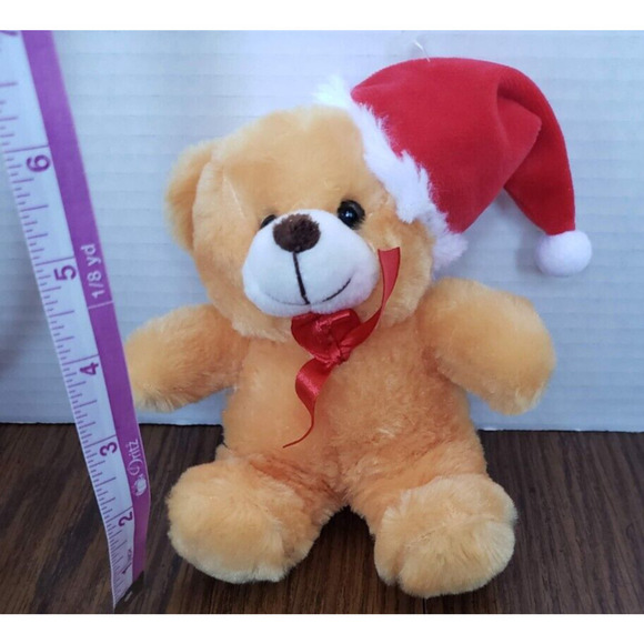Plush Orange Small 6 Inch Santa Holiday Teddy Bear With Bow and Red Hat - Picture 5 of 5